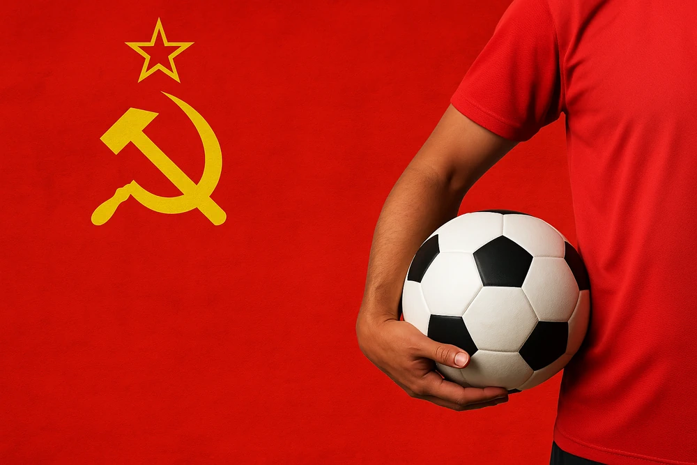 Bandiera sovietica e un pallone da calcio
